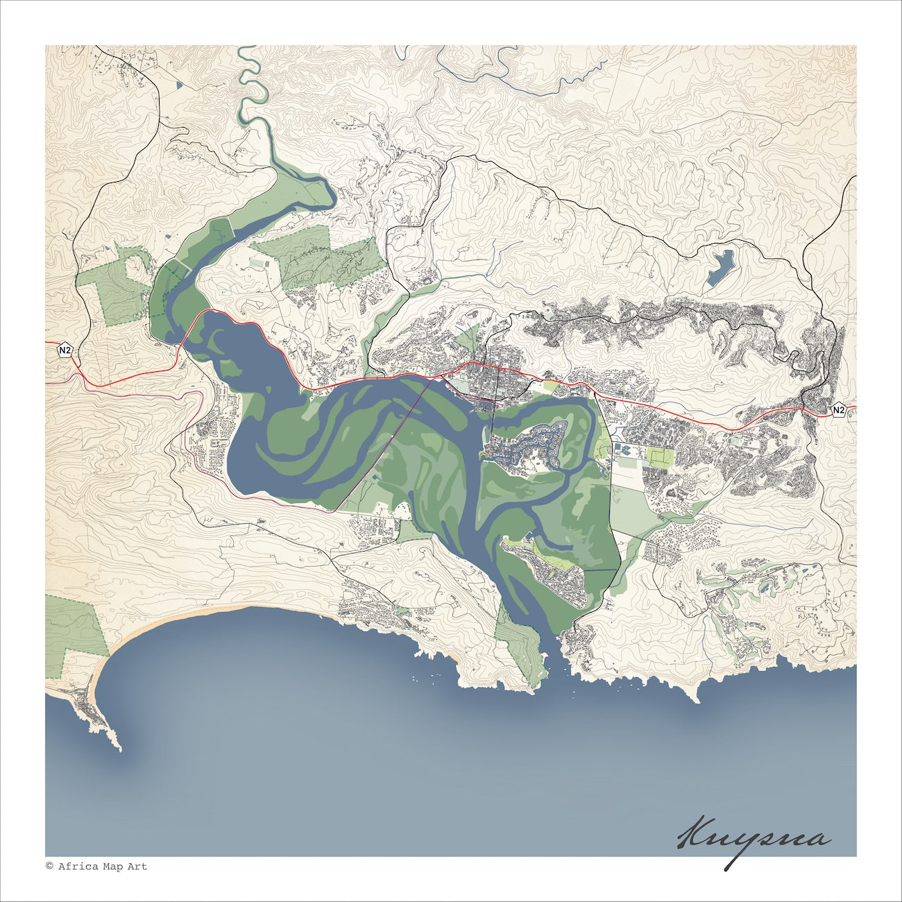 Knysna map print in the Classic style, with fine black street lines & buildings, green estuary, blue sea along the coastline and contoured slopes on a cream background.