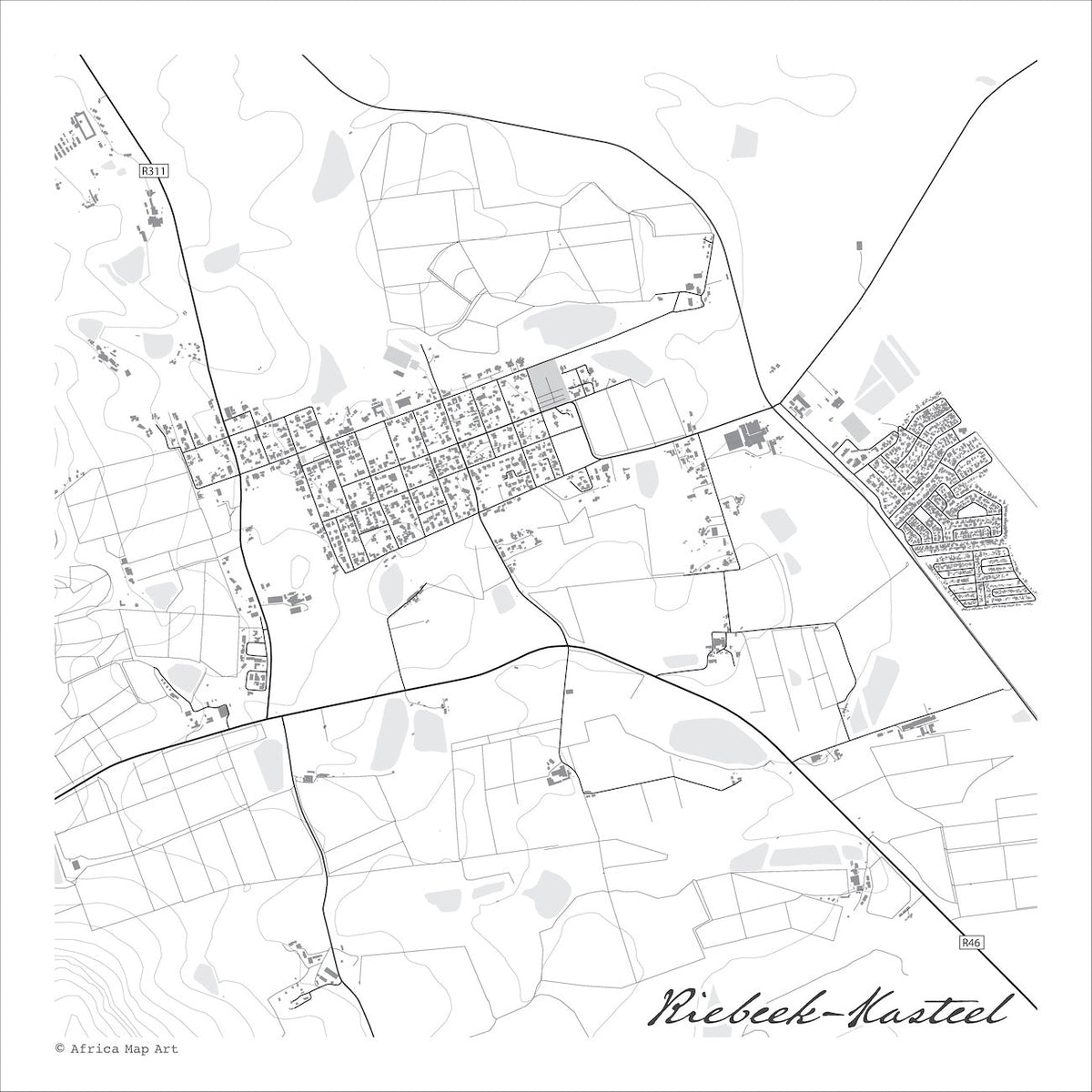 Riebeek-Kasteel map print in the minimalist Mono style, with grey buildings, black street lines and pale grey dams on a white background