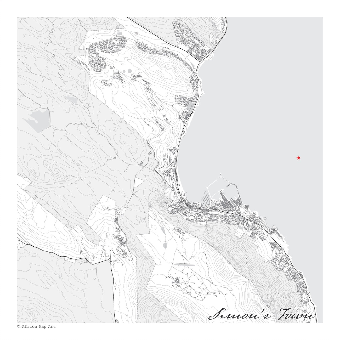 Simon's Town 1 map print in the minimalist Mono style, also covering Glencairn, the harbour and Boulders Beach, with fine black street lines and contoured mountain slopes on a white background with grey sea.