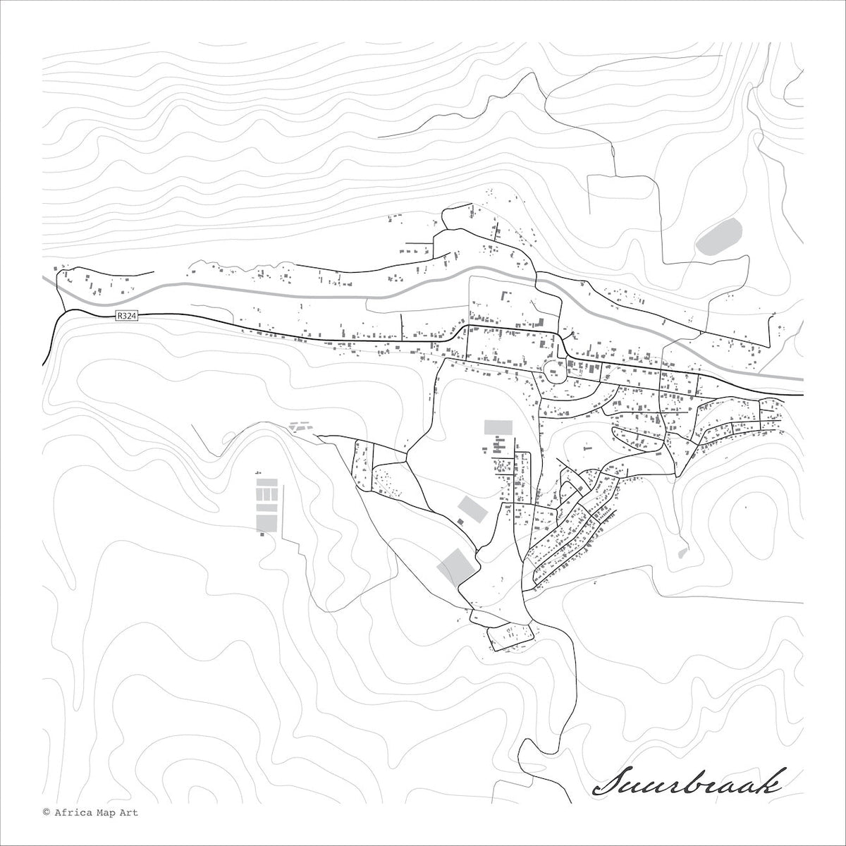 Suurbraak map print in the minimalist Mono style, with grey buildings, black street lines and dense contour lines on a white background