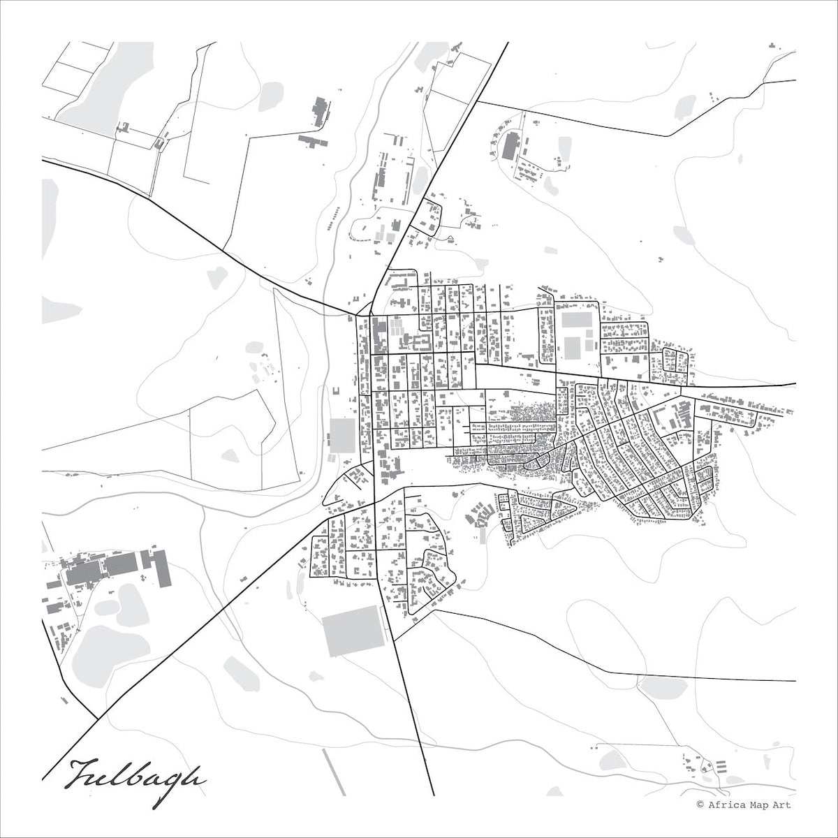 Tulbagh map print in the minimalist Mono style, with grey buildings, black street lines and pale grey dams on a white background