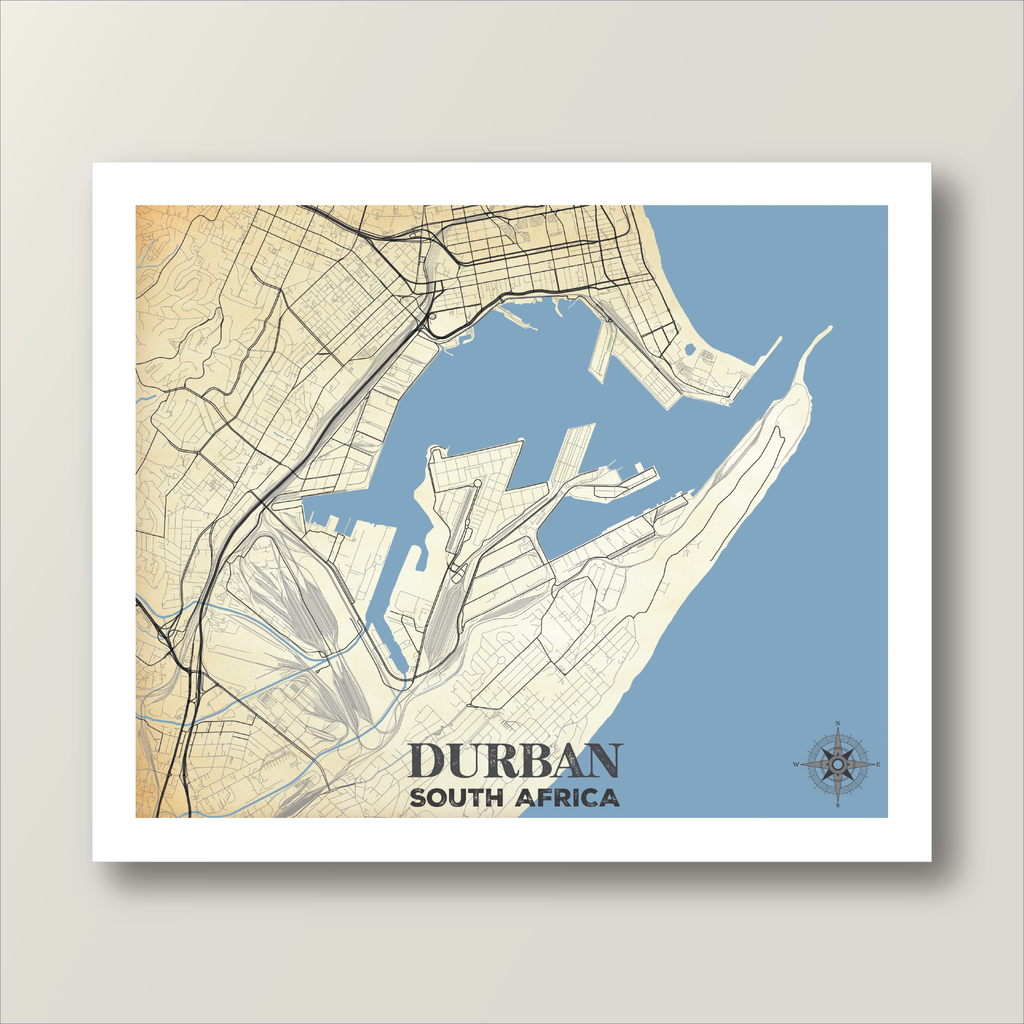 Wall art map of Durban, South Africa on a light blue background