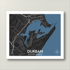 Wall art map of Durban Harbour, South Africa with a blue and black color scheme.