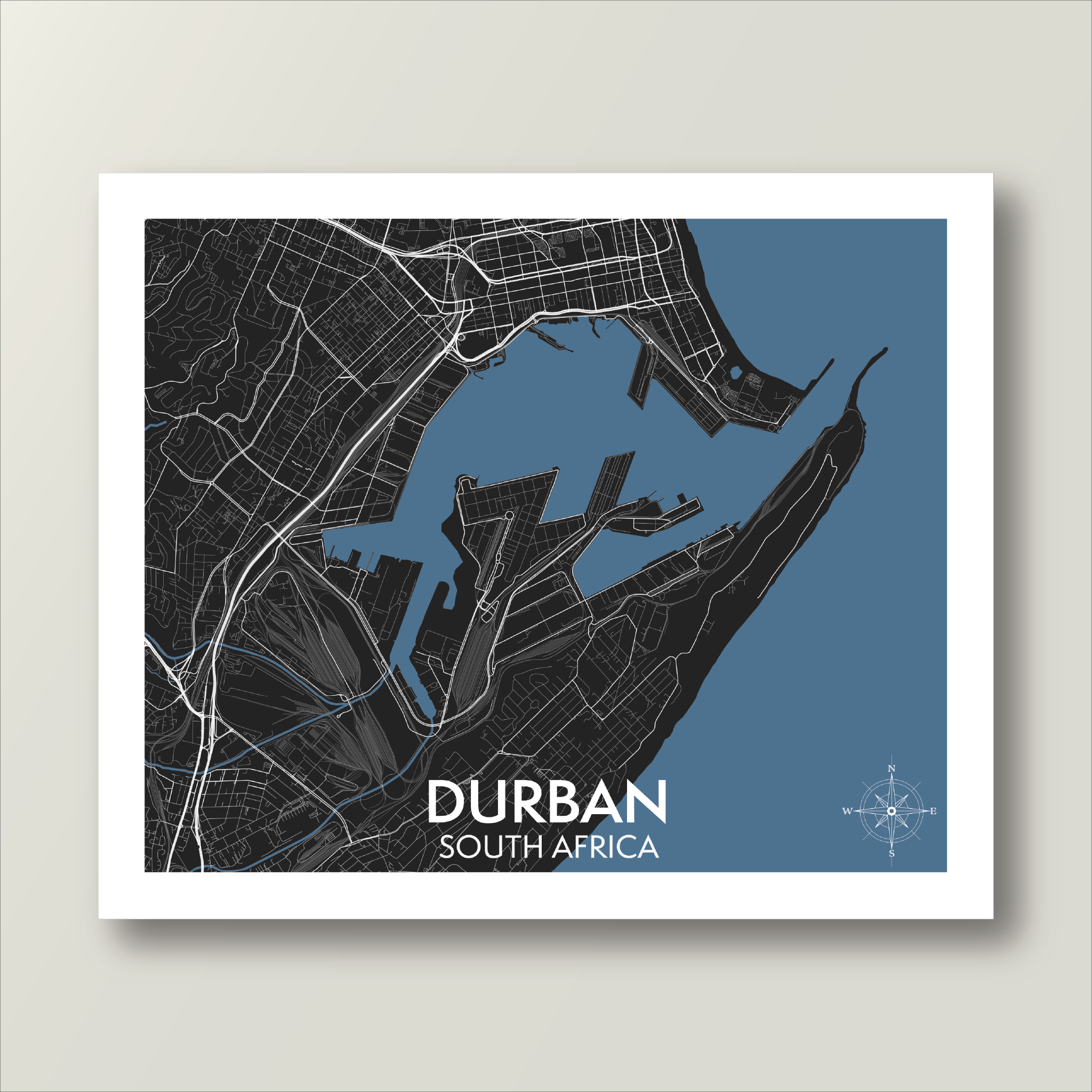 Wall art map of Durban Harbour, South Africa with a blue and black color scheme.
