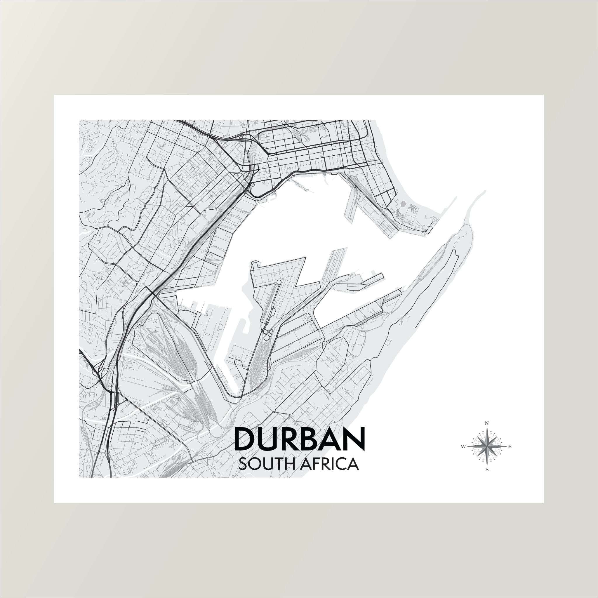 Wall Art Map of Durban Harbour, South Africa on a white background