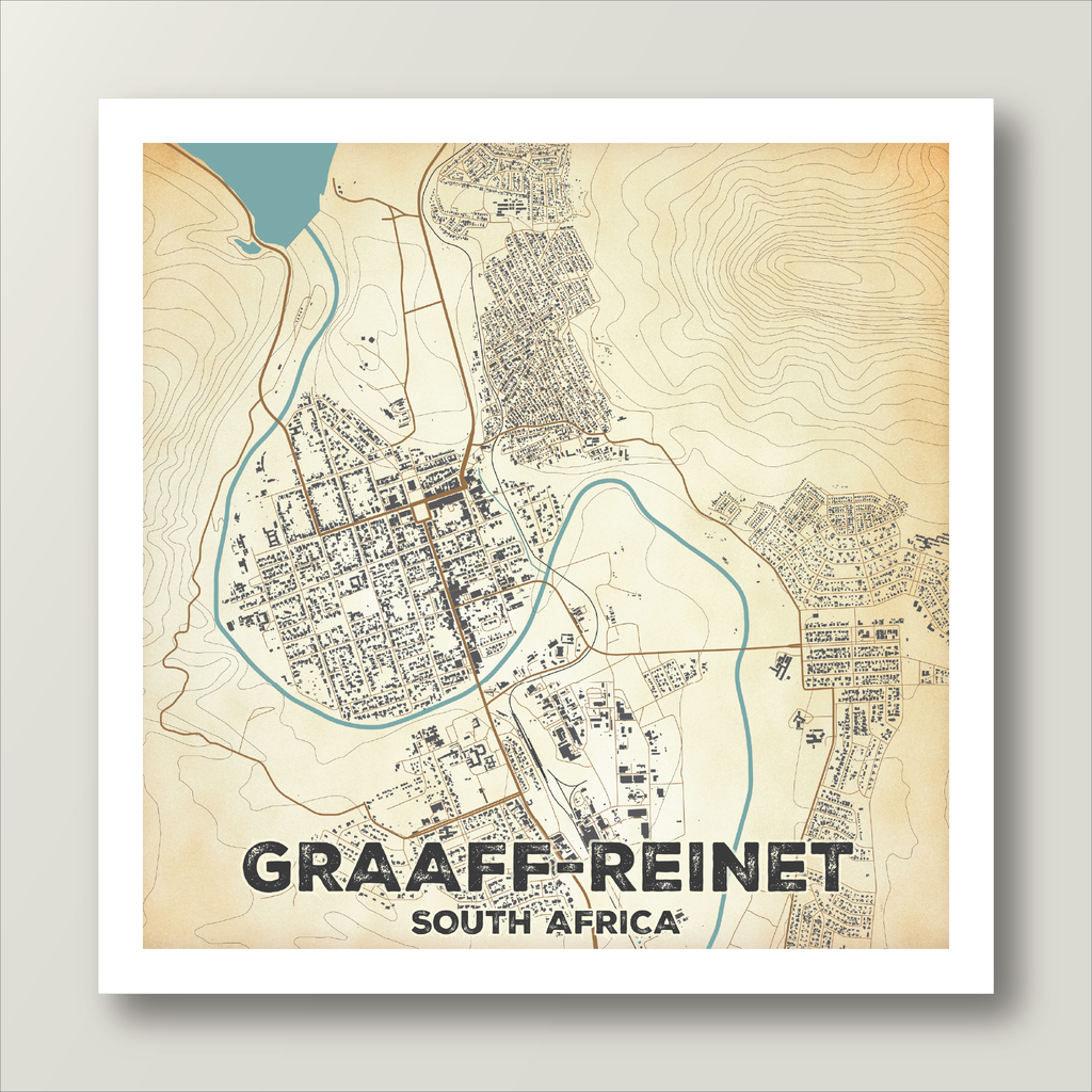 Vintage-style map of Graaff-Reinet, South Africa on a beige background.  Africa Map Art - The best place to find wall art maps