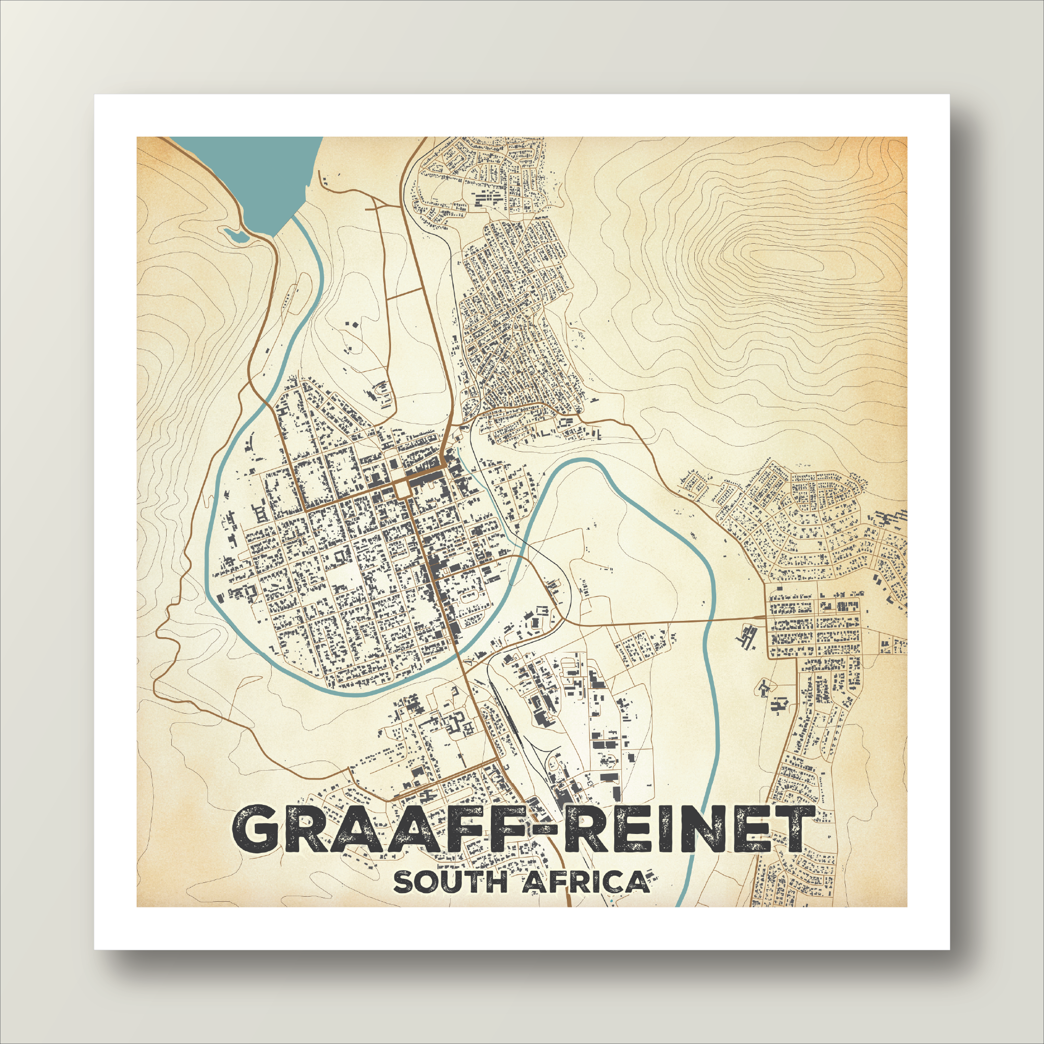 Vintage-style map of Graaff-Reinet, South Africa on a beige background.  Africa Map Art - The best place to find wall art maps