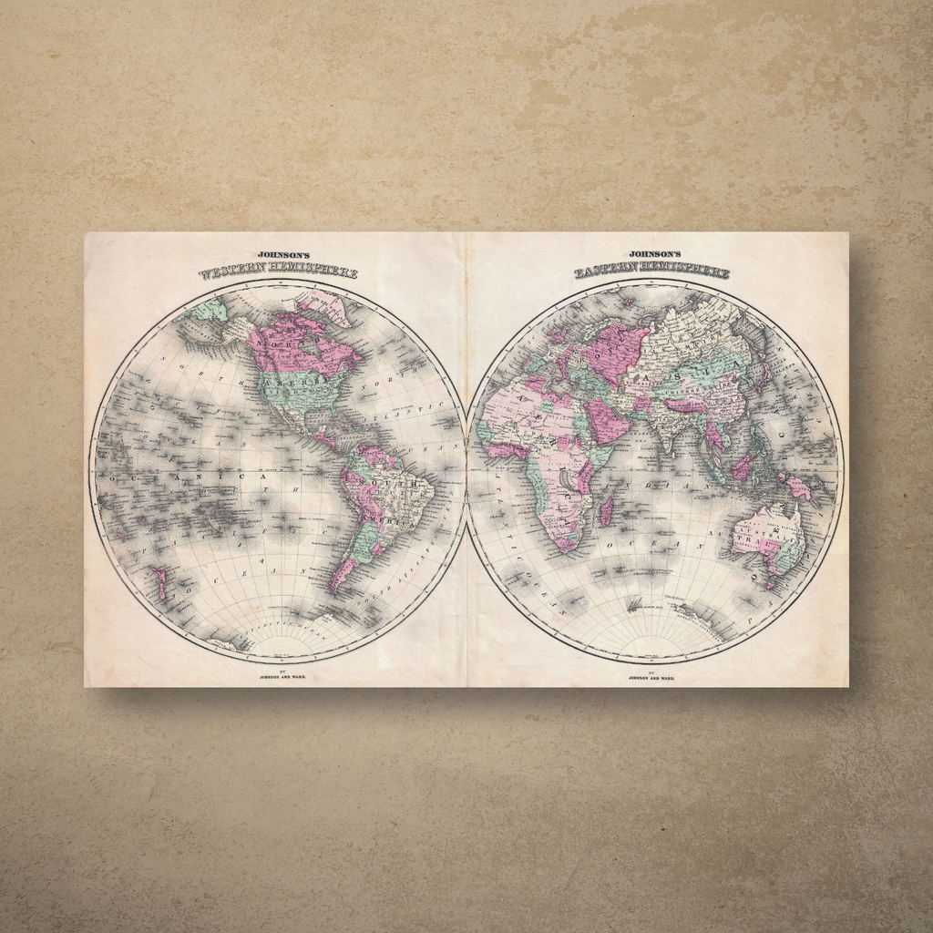 1862 Map of the World on Hemisphere Projection by Johnson & Ward