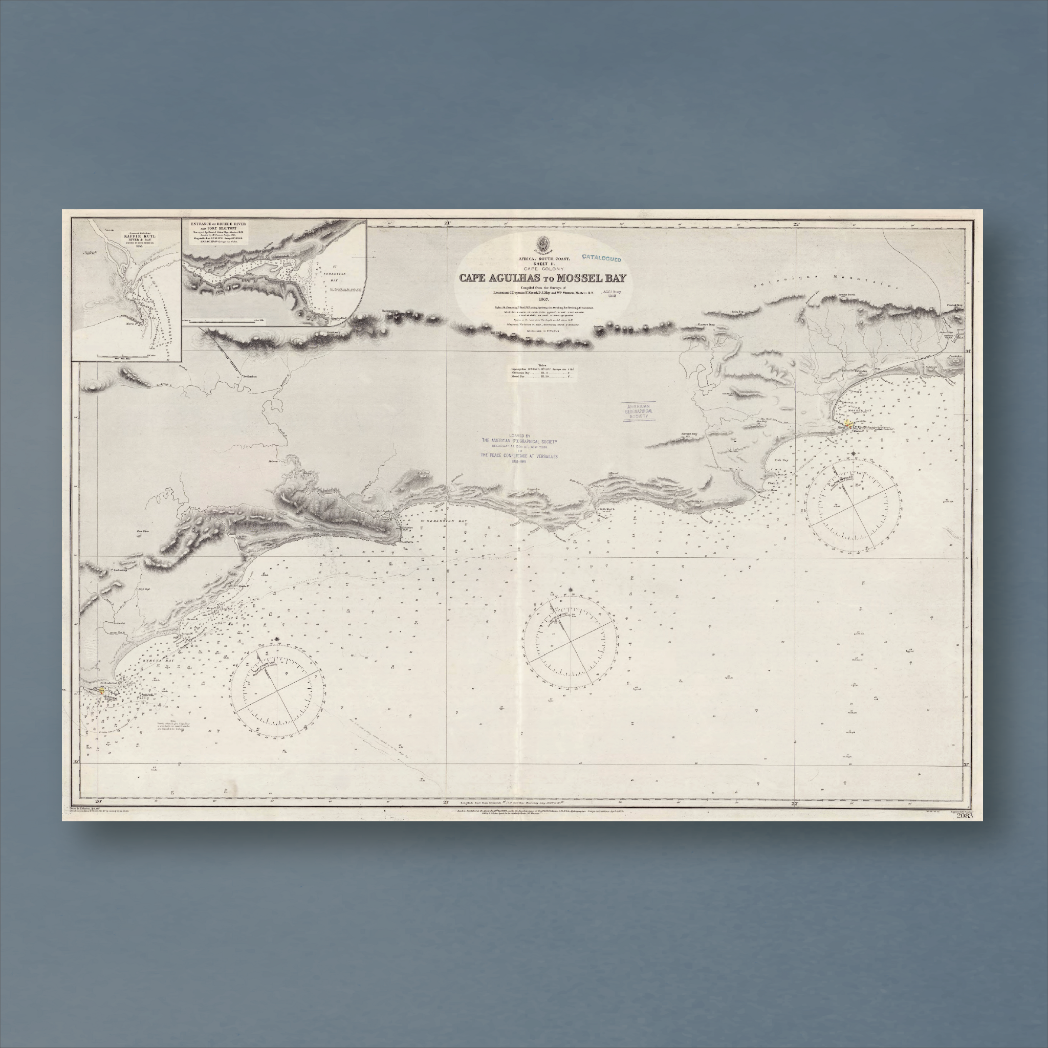 1867 Admiralty Chart (No 2083) of the south coast of Africa from Cape Agulhas to Mossel Bay