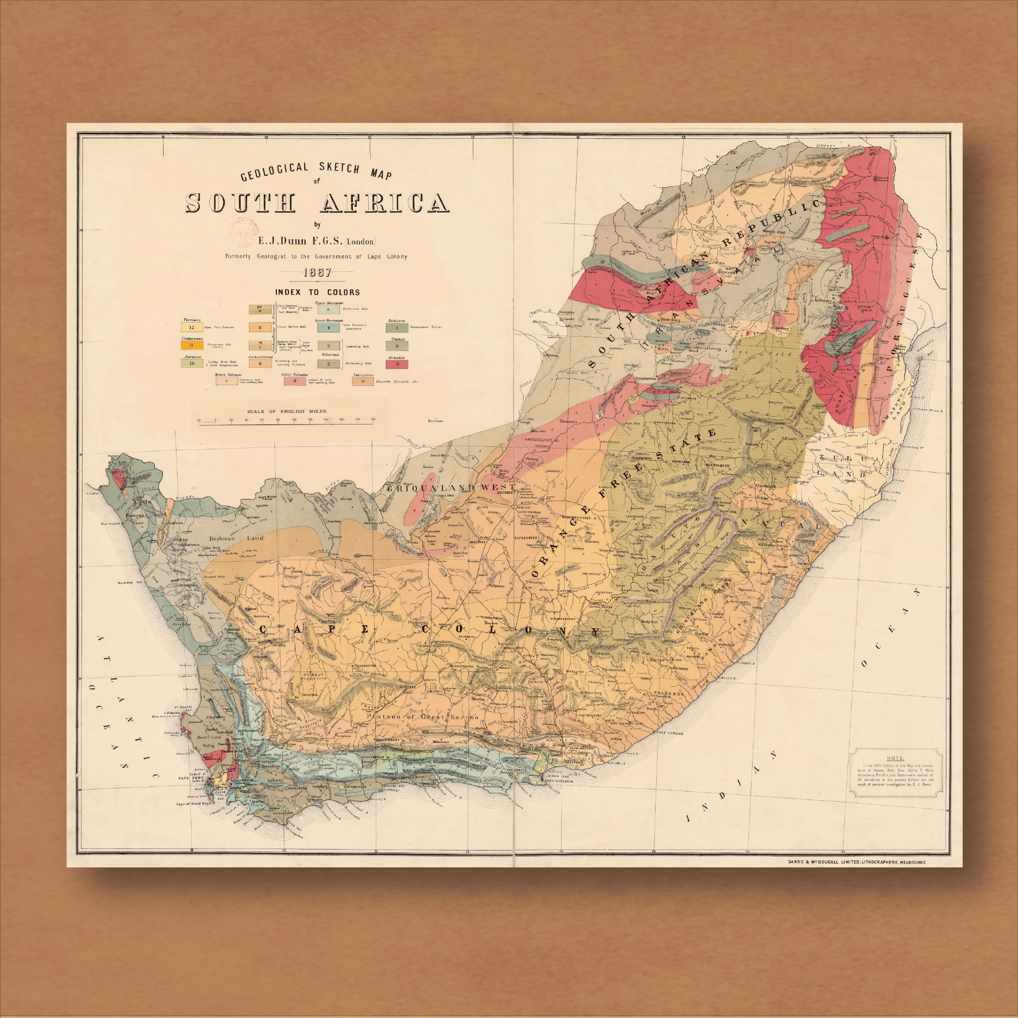 1887 Geological Map of South Africa by Edward Dunn