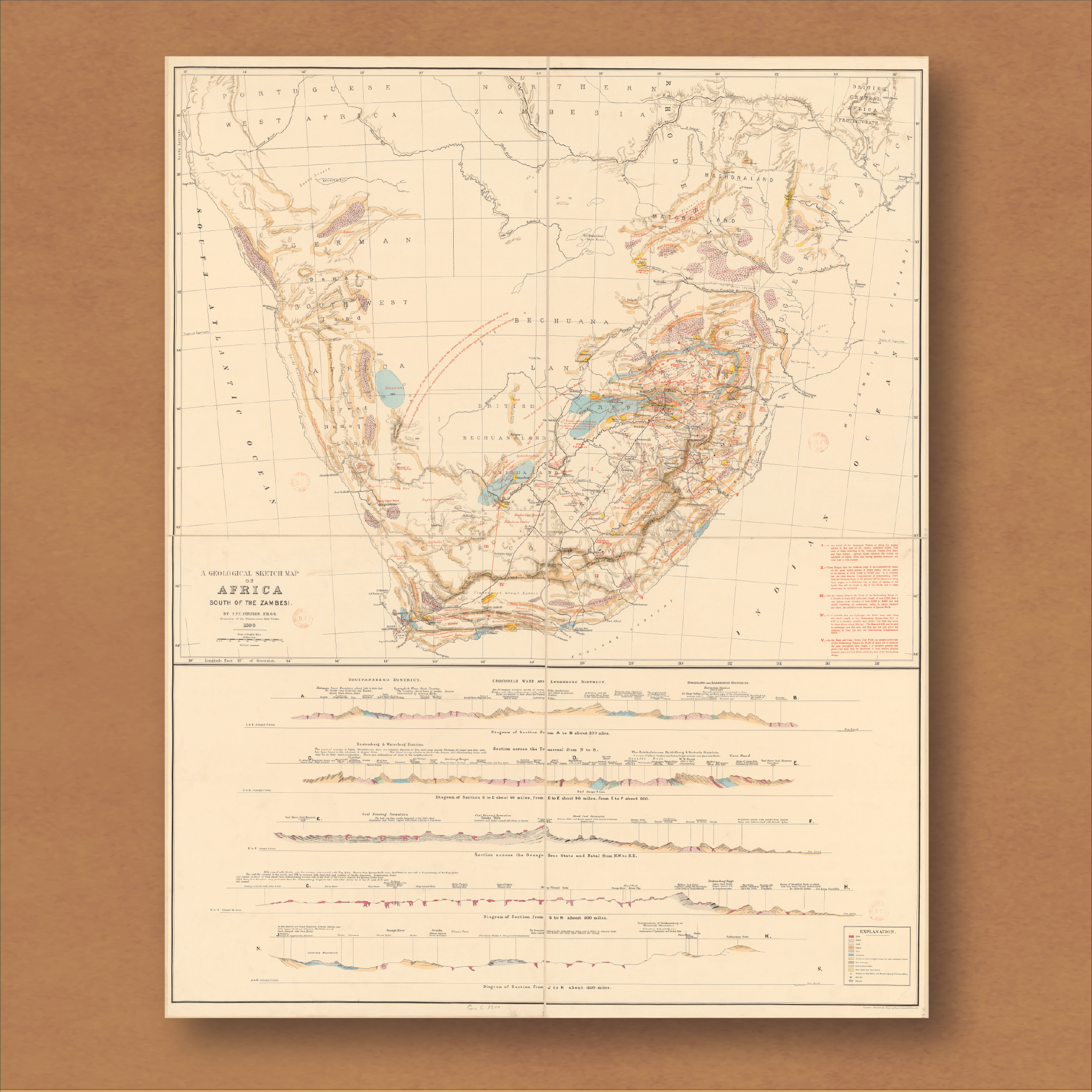 1896 Geological Map of Africa south of the Zambezi by FPT Struben