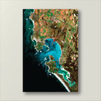 Satellite image of west coast peninsula with green and blue colors on a gray background