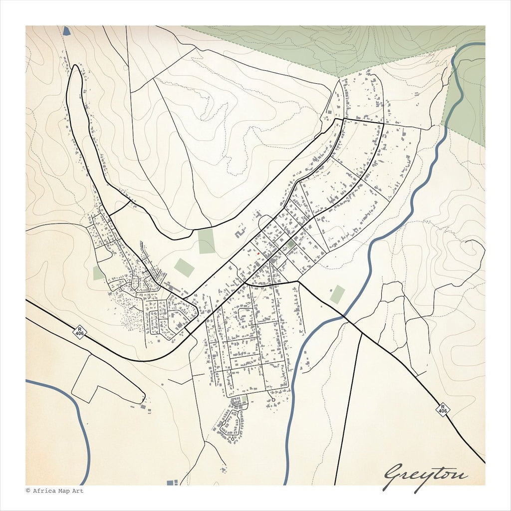Greyton map print in the Classic style, with the blue Gobos River, grey buildings and mountain contour lines on a pale green and cream background