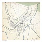 Greyton map print in the Classic style, with the blue Gobos River, grey buildings and mountain contour lines on a pale green and cream background