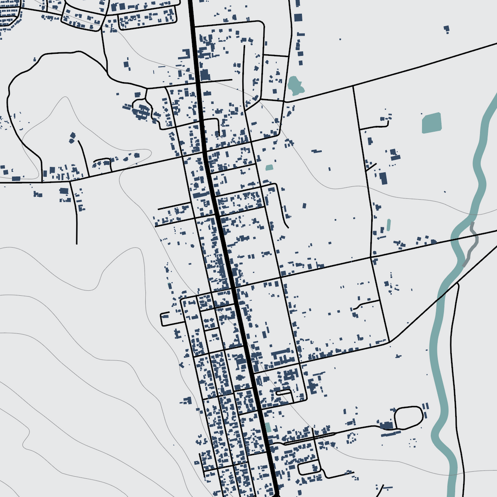 Grey map of Prince Albert town layout with roads and buildings