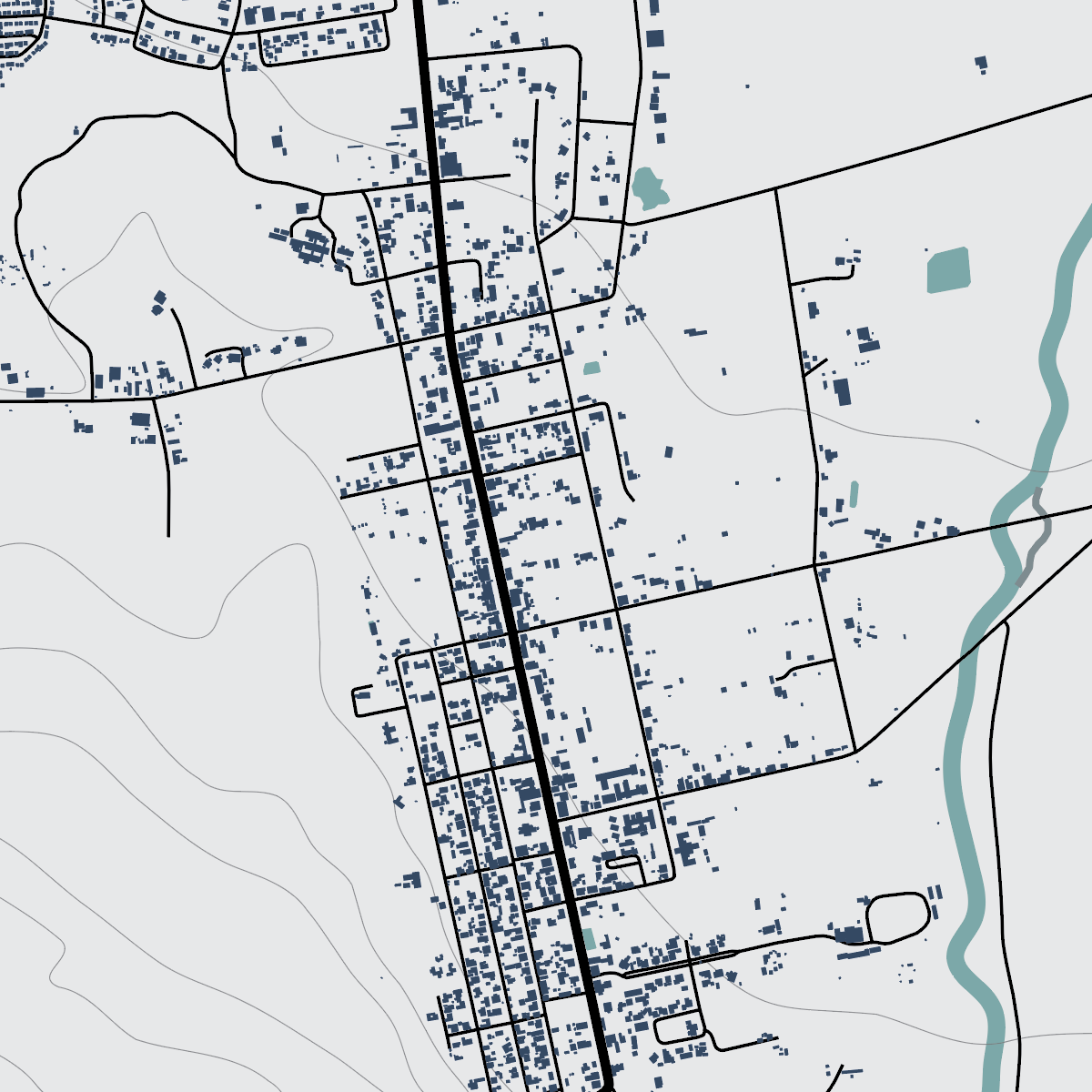 Grey map of Prince Albert town layout with roads and buildings