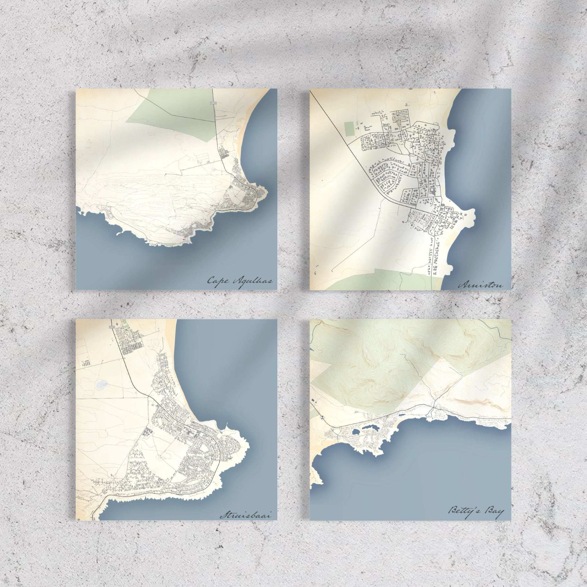 Struisbaai, Arniston, Cape Agulhas, Betty's Bay map prints in Classic style on wall.