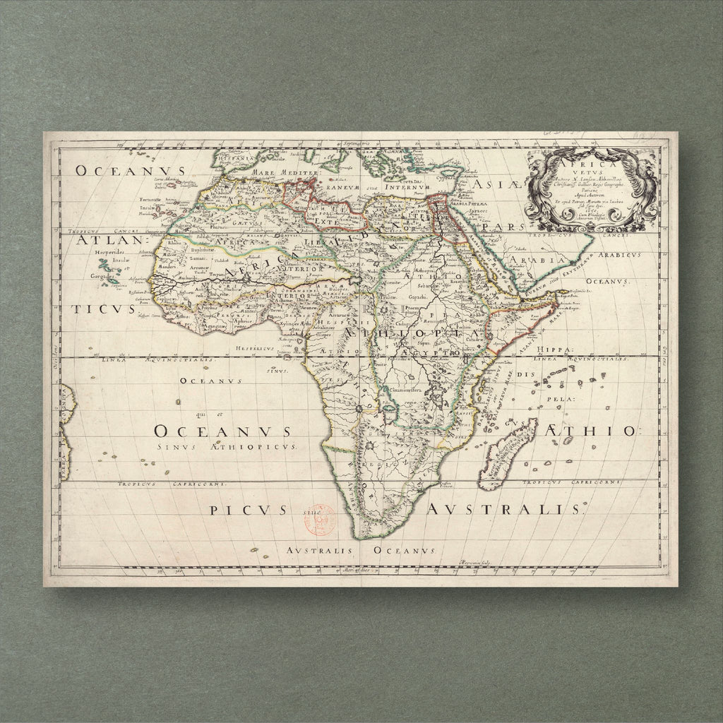 Nicolas Sanson's 1650 map of ancient Africa, Africa Vetus, with Latin place names, hand-coloured borders and an ornate title cartouche