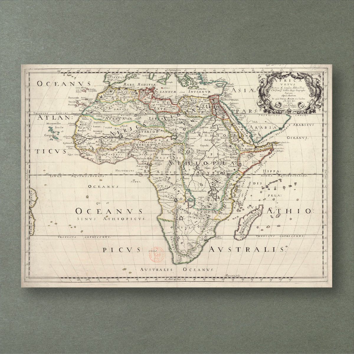 Nicolas Sanson's 1650 map of ancient Africa, Africa Vetus, with Latin place names, hand-coloured borders and an ornate title cartouche
