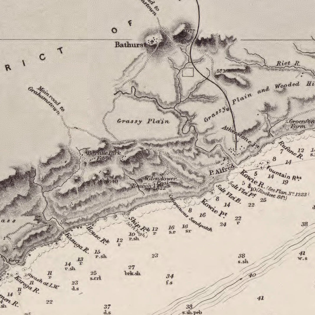 Close-up detail of the 1868 Admiralty chart of Cape St Francis to Waterloo Bay reproduction print, showing the engraved coastline and depth soundings