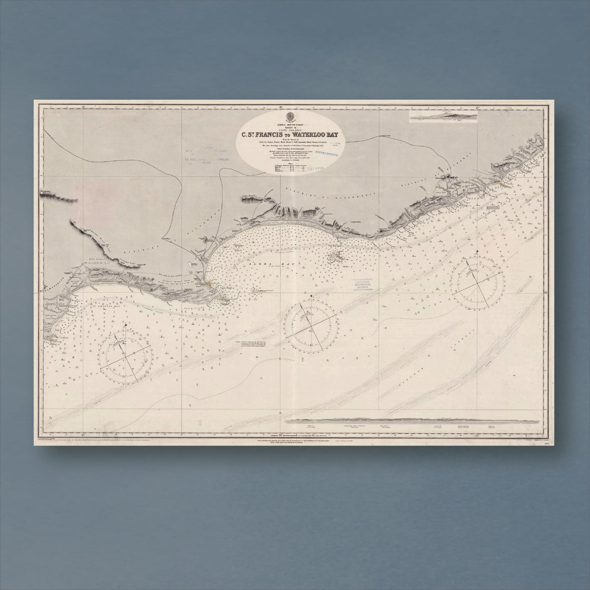 1868 Admiralty chart from Cape St Francis to Waterloo Bay, reproduction print showing the Eastern Cape coast and Algoa Bay, with three compass roses