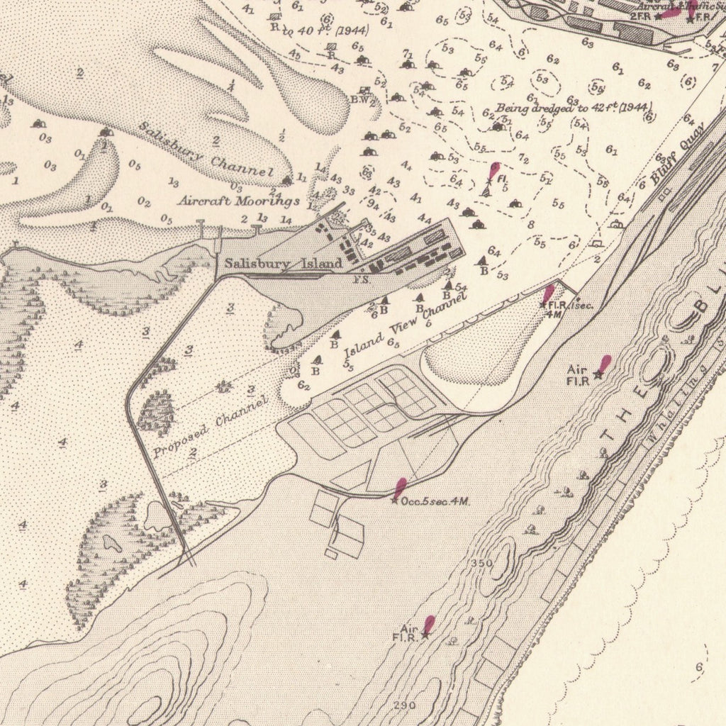 Close-up detail of the 1939 Admiralty chart of the approaches to Durban reproduction print, showing the harbour and the Bluff 
