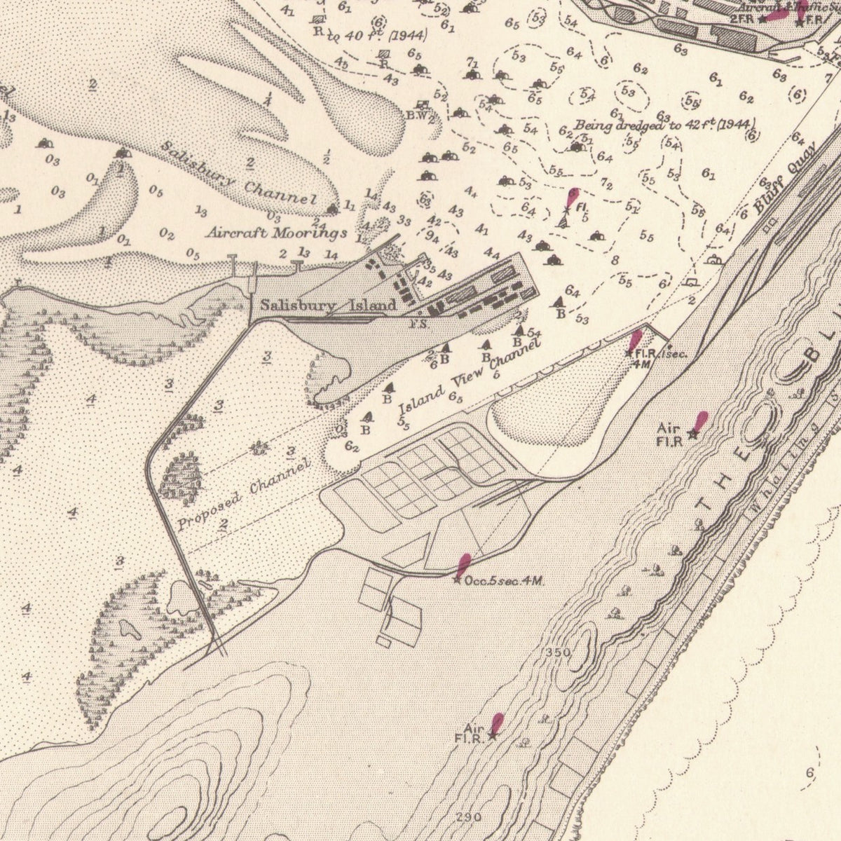 Close-up detail of the 1939 Admiralty chart of the approaches to Durban reproduction print, showing the harbour and the Bluff 