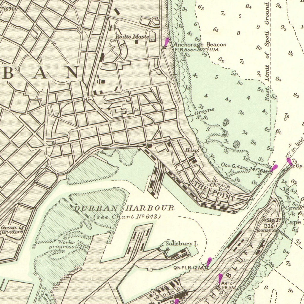 Close-up detail of the 1960 Admiralty chart of the approaches to Durban reproduction print, showing the city streets, Durban Harbour and its entrance