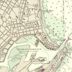 Close-up detail of the 1960 Admiralty chart of the approaches to Durban reproduction print, showing the city streets, Durban Harbour and its entrance