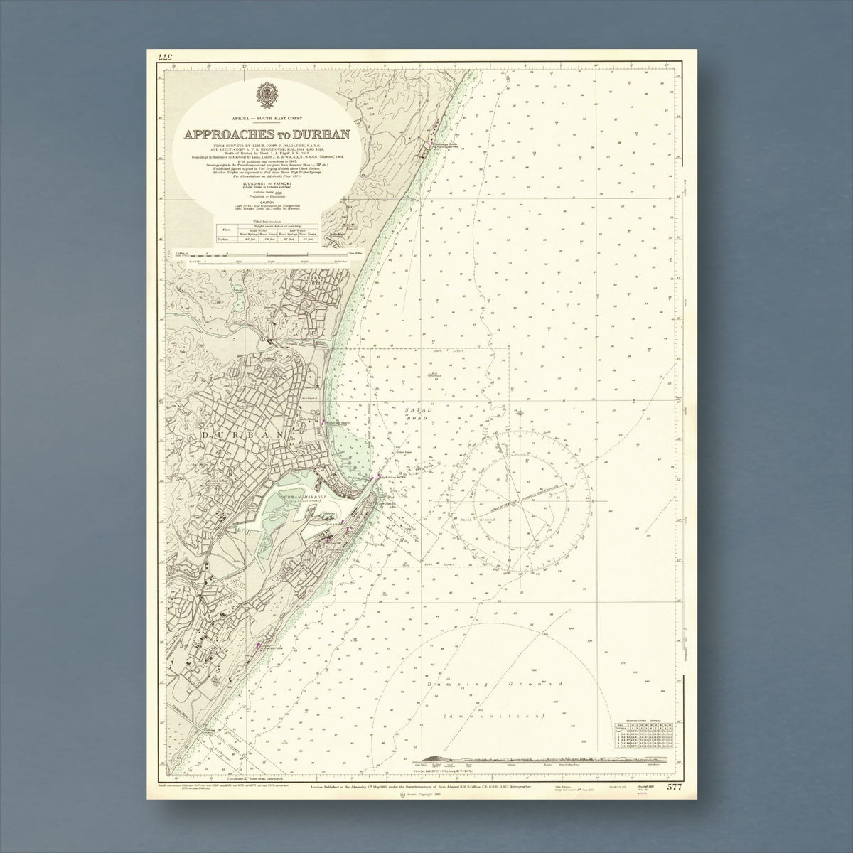 1960 Admiralty chart of the approaches to Durban, reproduction print showing the coast from Umhlanga Rocks to Isipingo, with pale green shallows and a compass rose