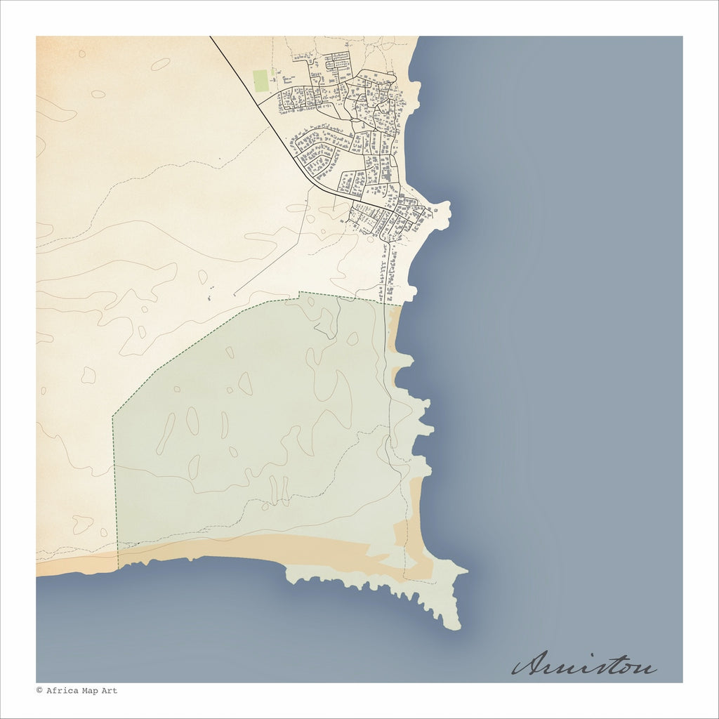 Arniston & Surrounds map print in the Classic style, also covering Kassiesbaai and the Waenhuiskrans Nature Reserve, with black street lines, sandy beaches and blue sea on a cream background