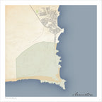 Arniston & Surrounds map print in the Classic style, also covering Kassiesbaai and the Waenhuiskrans Nature Reserve, with black street lines, sandy beaches and blue sea on a cream background