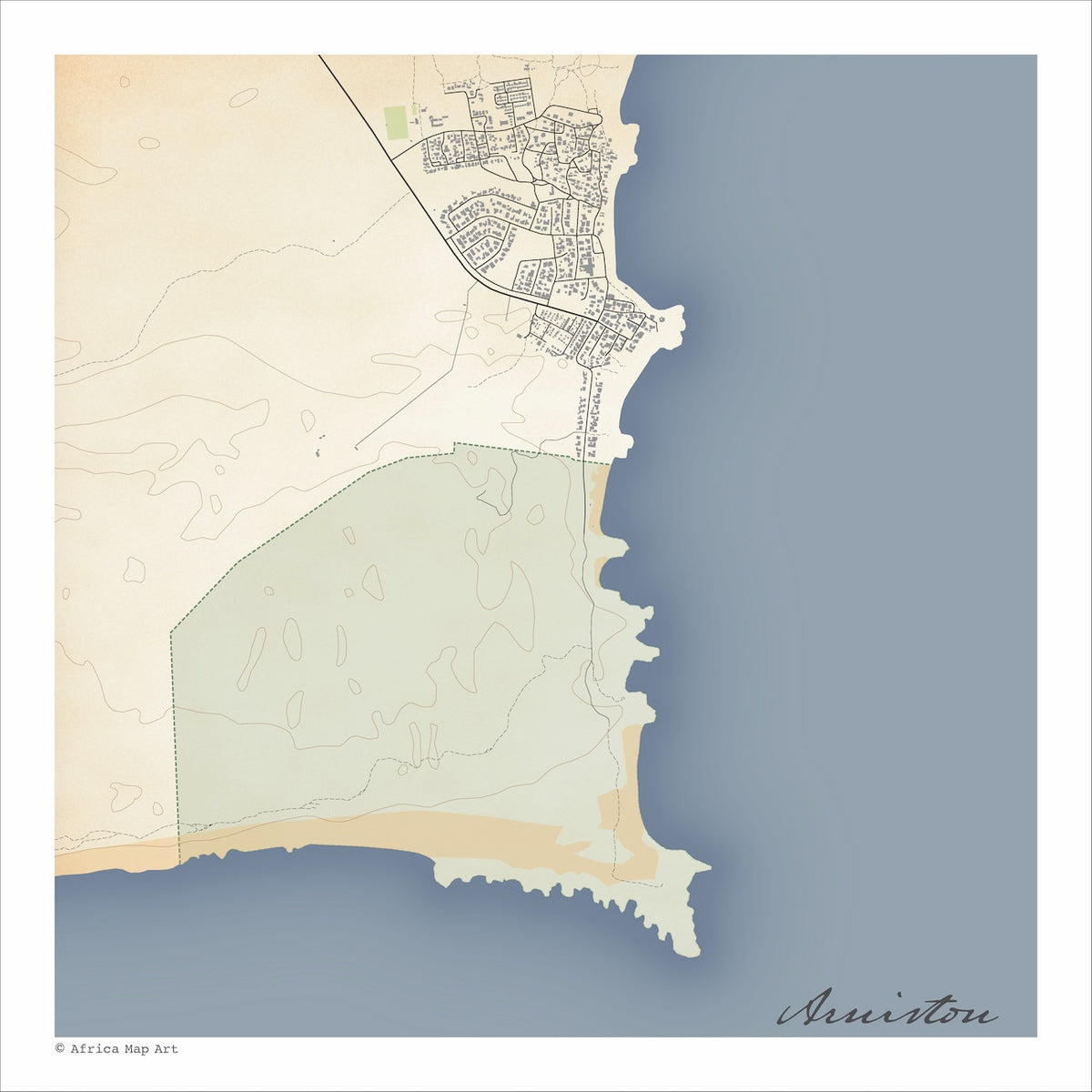 Arniston & Surrounds map print in the Classic style, also covering Kassiesbaai and the Waenhuiskrans Nature Reserve, with black street lines, sandy beaches and blue sea on a cream background