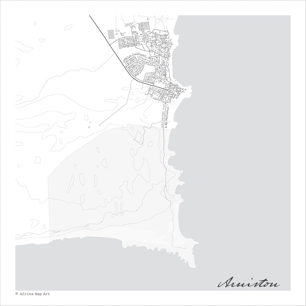 Arniston & Surrounds map print in the minimalist Mono style, also covering Kassiesbaai and the Waenhuiskrans Nature Reserve, with black street lines and fine contour lines on a white background with grey sea