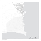 Arniston & Surrounds map print in the minimalist Mono style, also covering Kassiesbaai and the Waenhuiskrans Nature Reserve, with black street lines and fine contour lines on a white background with grey sea