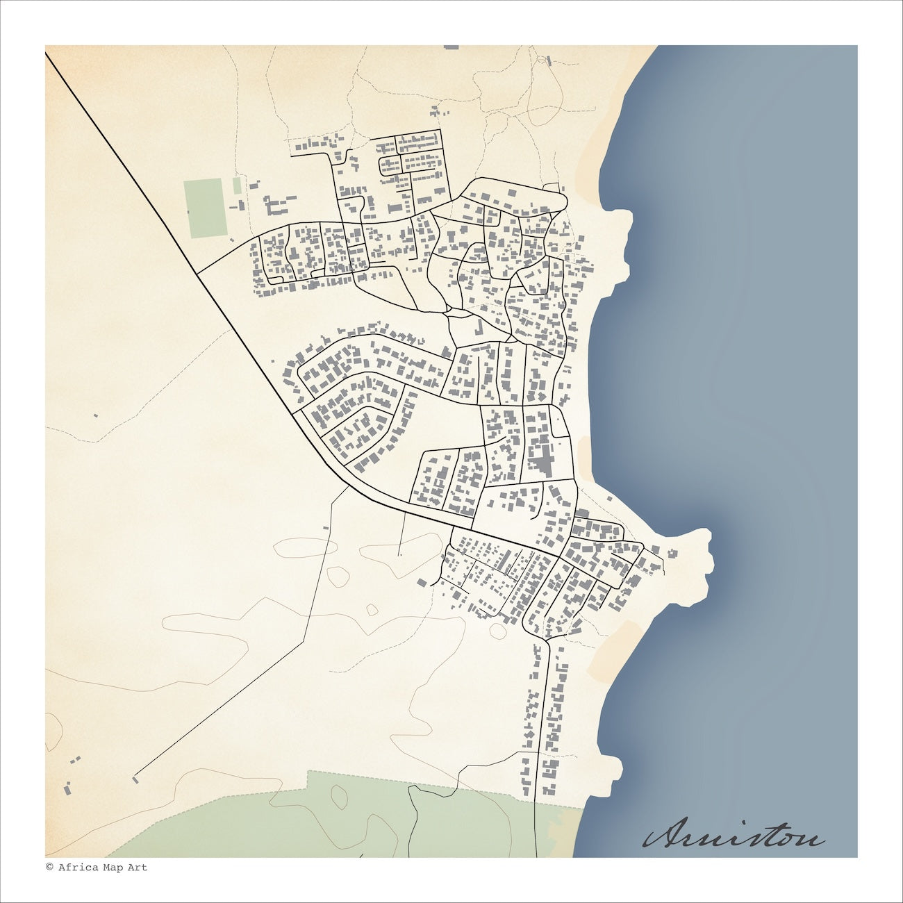 Arniston map print in the Classic style, with fine black street lines, grey buildings, blue sea along the coastline and wide contoured slopes on a cream background.