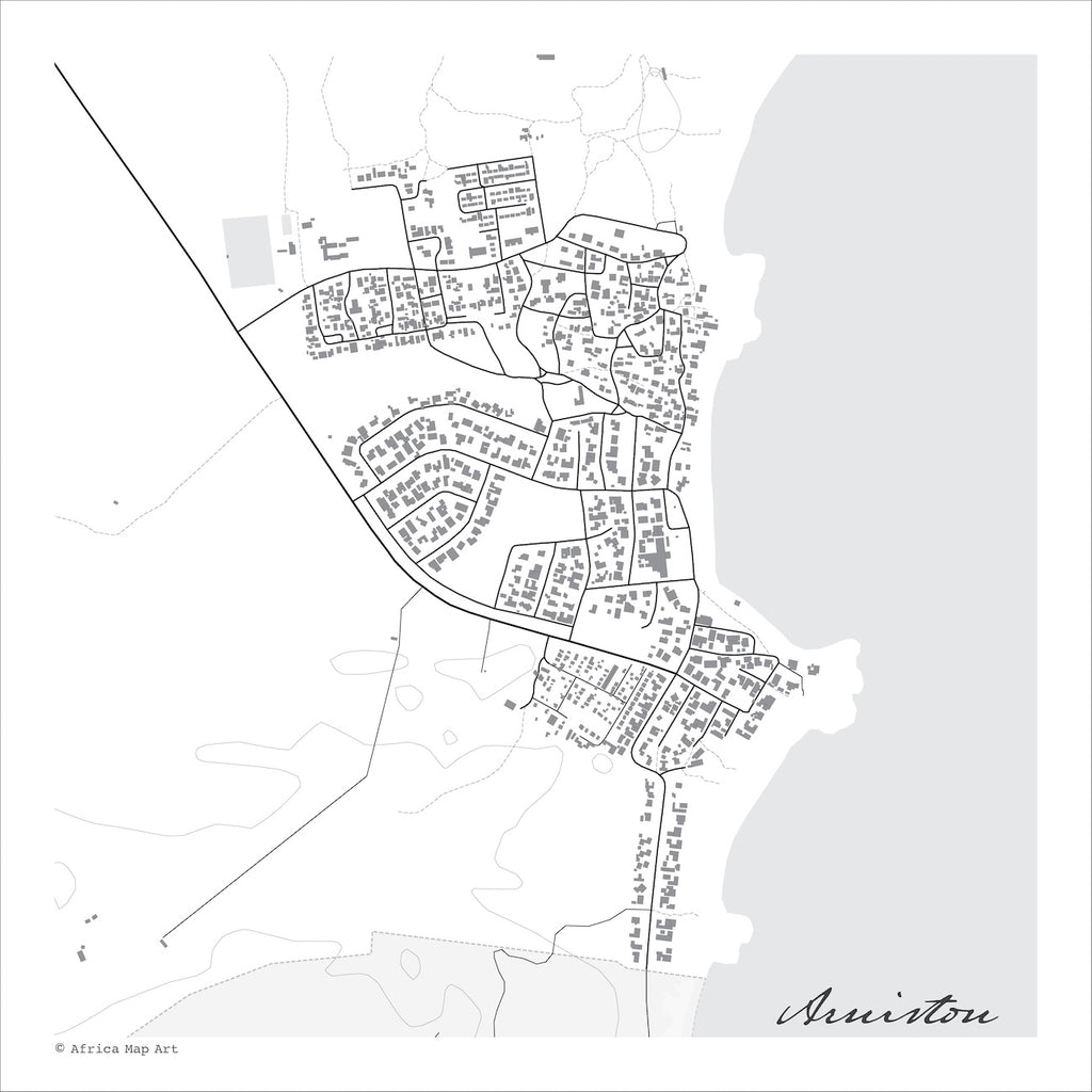 Arniston Village map print in the minimalist Mono style, a black and white design with dark street lines, the sea in pale grey along the coastline, and fine contour lines on a white background.
