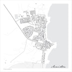 Arniston Village map print in the minimalist Mono style, a black and white design with dark street lines, the sea in pale grey along the coastline, and fine contour lines on a white background.