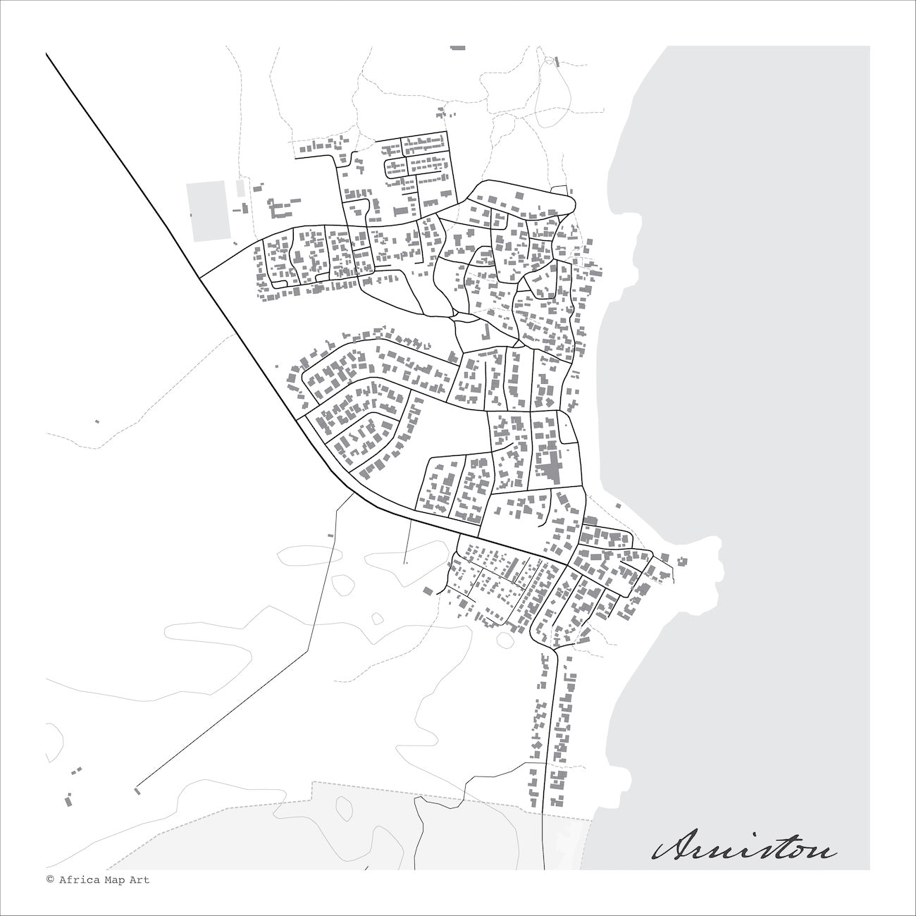 Arniston Village map print in the minimalist Mono style, a black and white design with dark street lines, the sea in pale grey along the coastline, and fine contour lines on a white background.