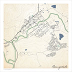 Barrydale map print in the Classic style, showing the town on Route 62, with fine black street lines, green river, blue dams and contoured slopes on a cream background.