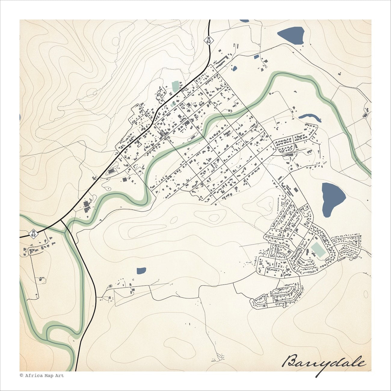Barrydale map print in the Classic style, showing the town on Route 62, with fine black street lines, green river, blue dams and contoured slopes on a cream background.