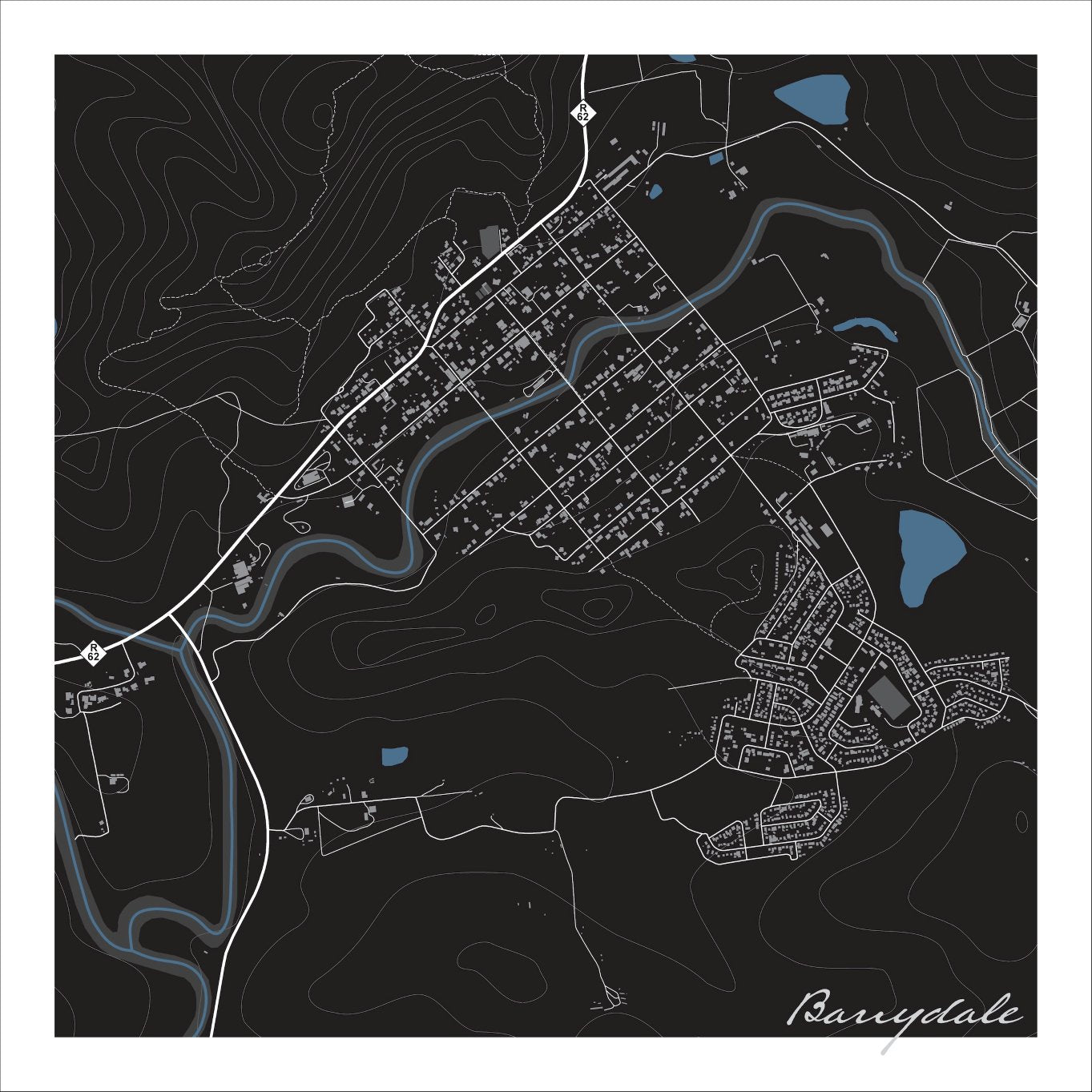 Barrydale map print in the Granite style, showing the town on Route 62, with fine white streets, mountain contours, blue river and dams on a black background.