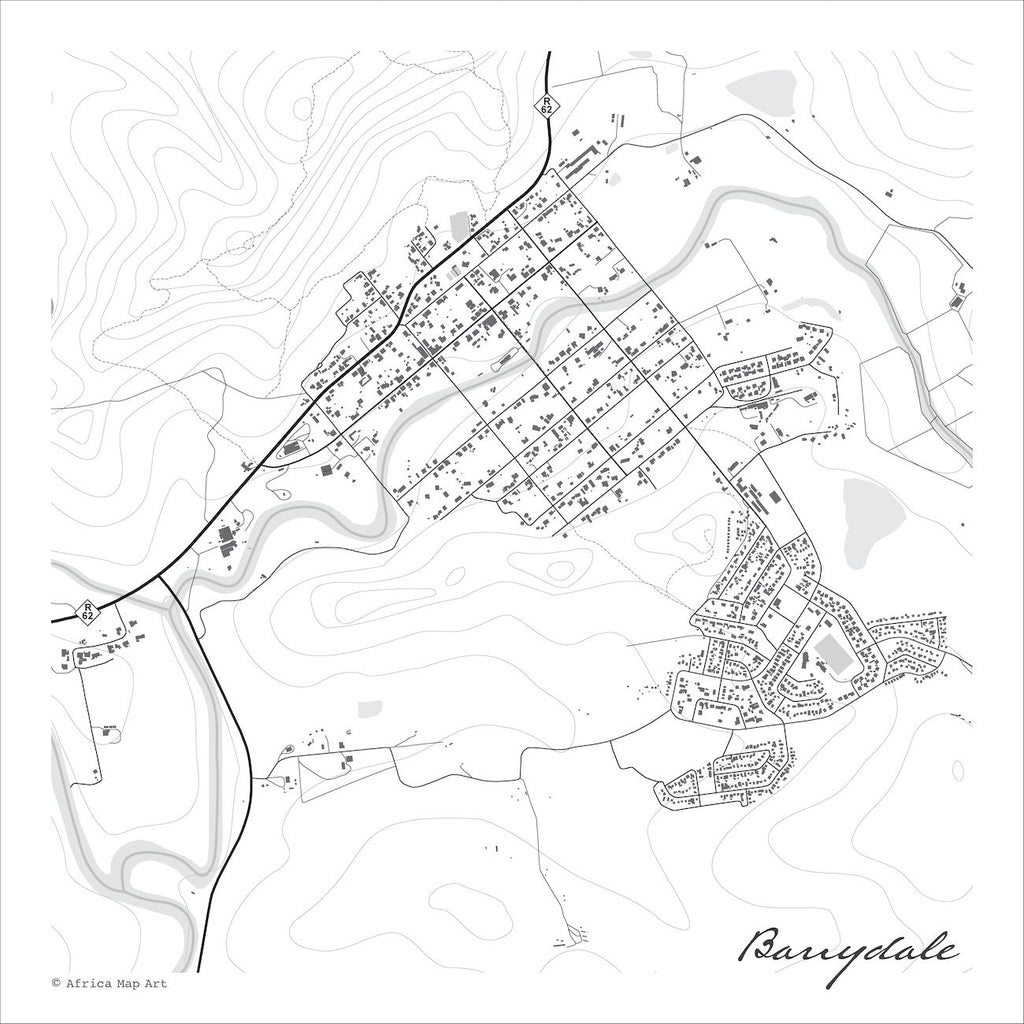 Barrydale map print in the minimalist Mono style, showing the town on Route 62, with fine black street lines, river, dams and contoured slopes on a white background.