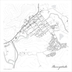 Barrydale map print in the minimalist Mono style, showing the town on Route 62, with fine black street lines, river, dams and contoured slopes on a white background.