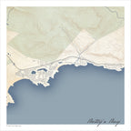 Betty's Bay map print in the Classic style, with fine black road lines, grey buildings, blue sea along the coastline and contoured mountains on a cream background.