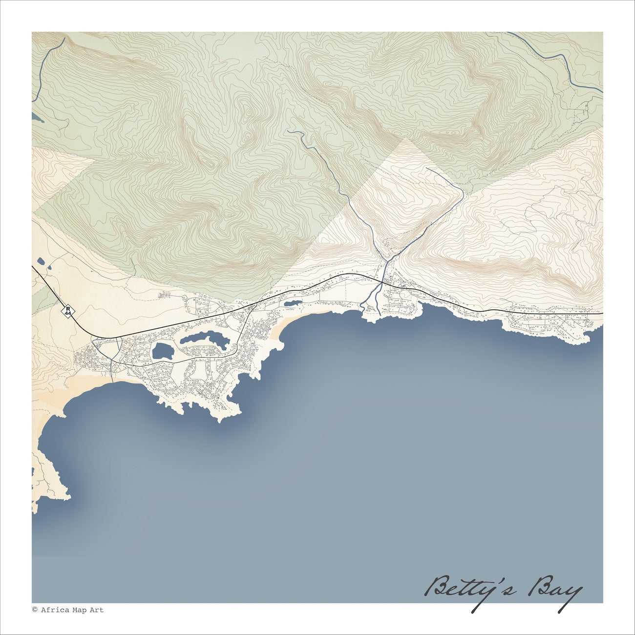 Betty's Bay map print in the Classic style, with fine black road lines, grey buildings, blue sea along the coastline and contoured mountains on a cream background.