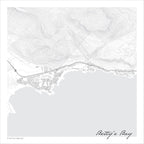 Betty's Bay map print in the minimalist Mono style, with fine black road lines, grey buildings and contoured mountains on a white background with grey sea.
