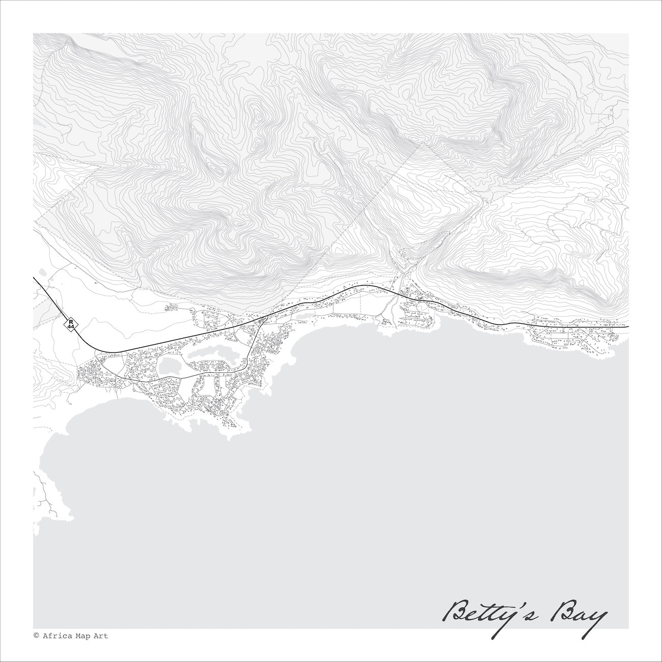 Betty's Bay map print in the minimalist Mono style, with fine black road lines, grey buildings and contoured mountains on a white background with grey sea.