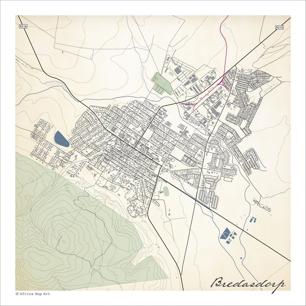 Bredasdorp map print in the Classic style, with a blue dam, grey buildings and green mountain slopes to the south on a cream background