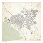 Bredasdorp map print in the Classic style, with a blue dam, grey buildings and green mountain slopes to the south on a cream background